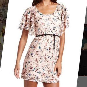 Lace Bird Print Pink Dress